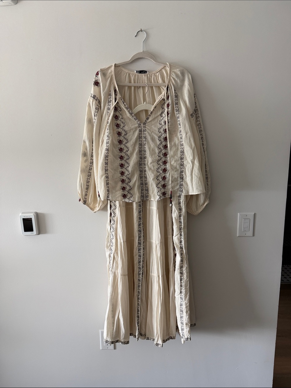Zara Cream Embroidered Maxi skirt and BoHo top with Red Accent